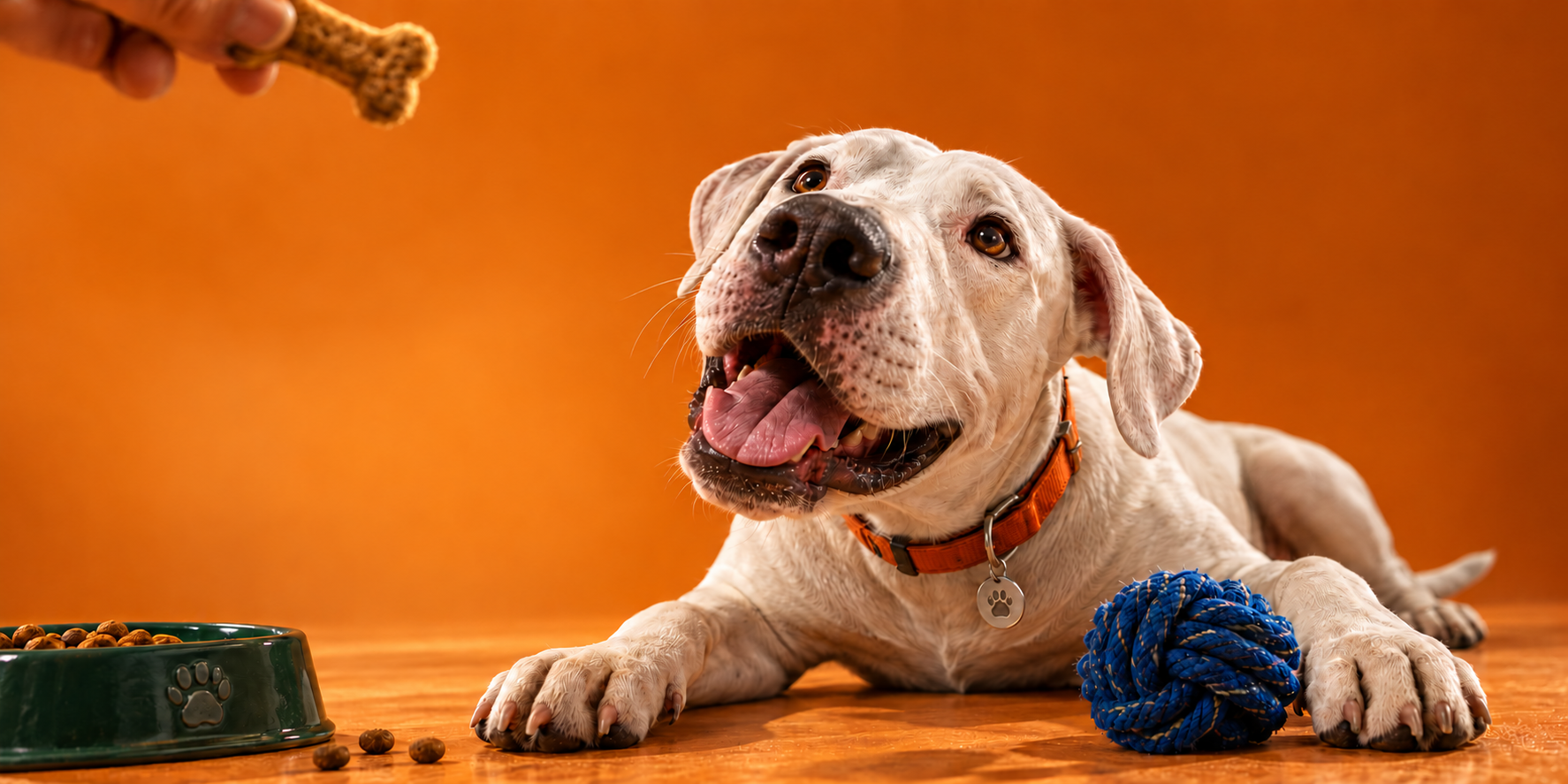 Dogo argentino de collar naranja junto a una pelota azul, mirando un premio, sobre un piso naranja.