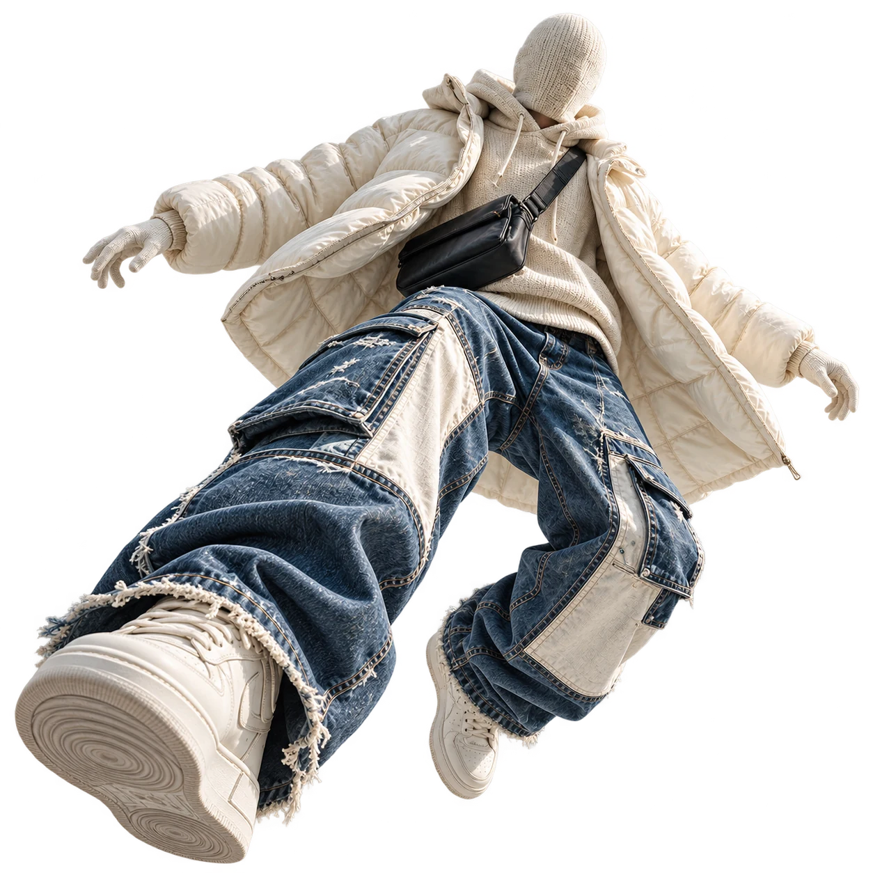Maniquí de estilo urbano con pantalón de jean amplio, campera crema y zapatillas, suspendido entre las nubes.