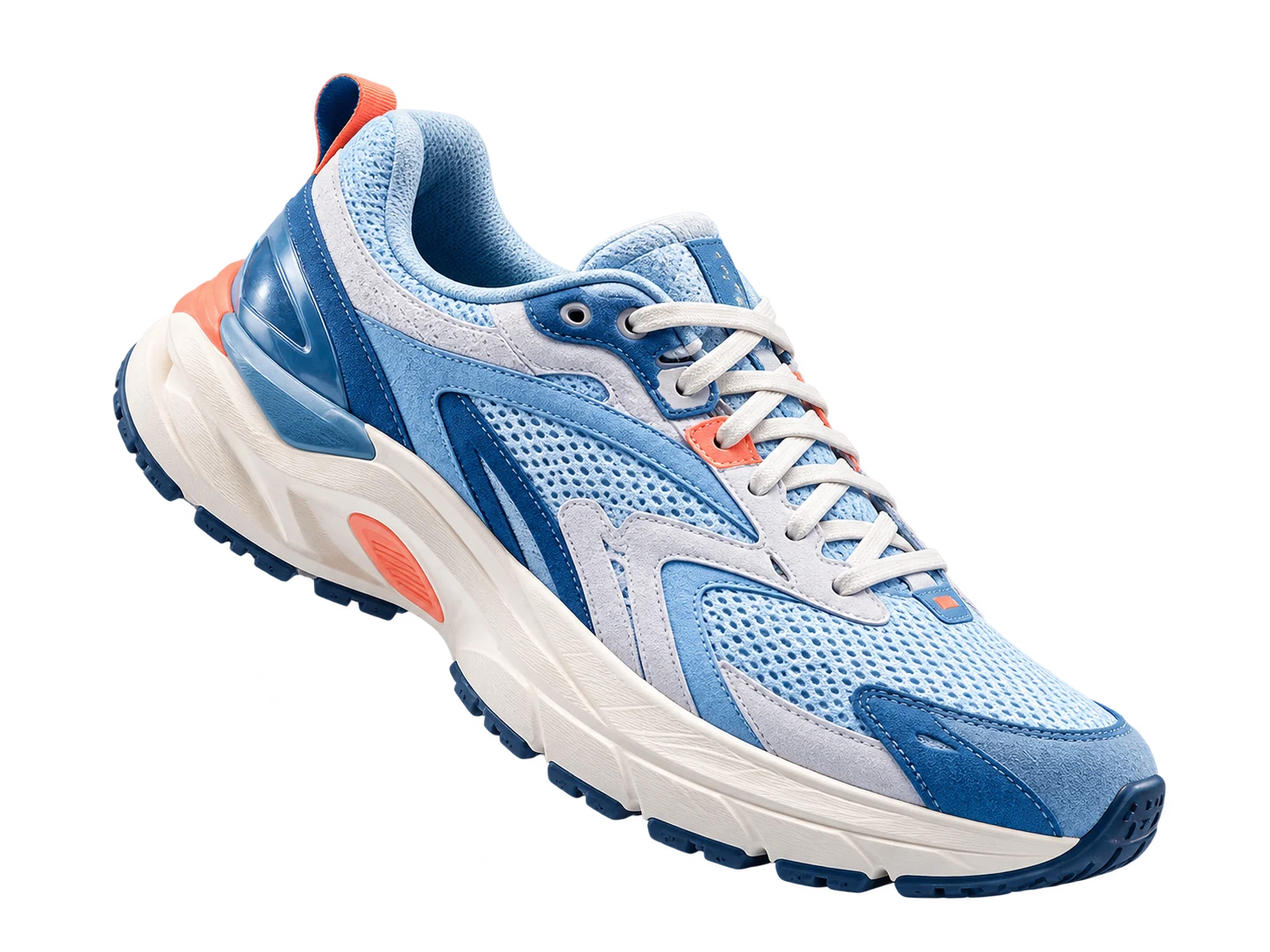 Zapatilla azul con detalles coral y suela blanca, vista de costado.