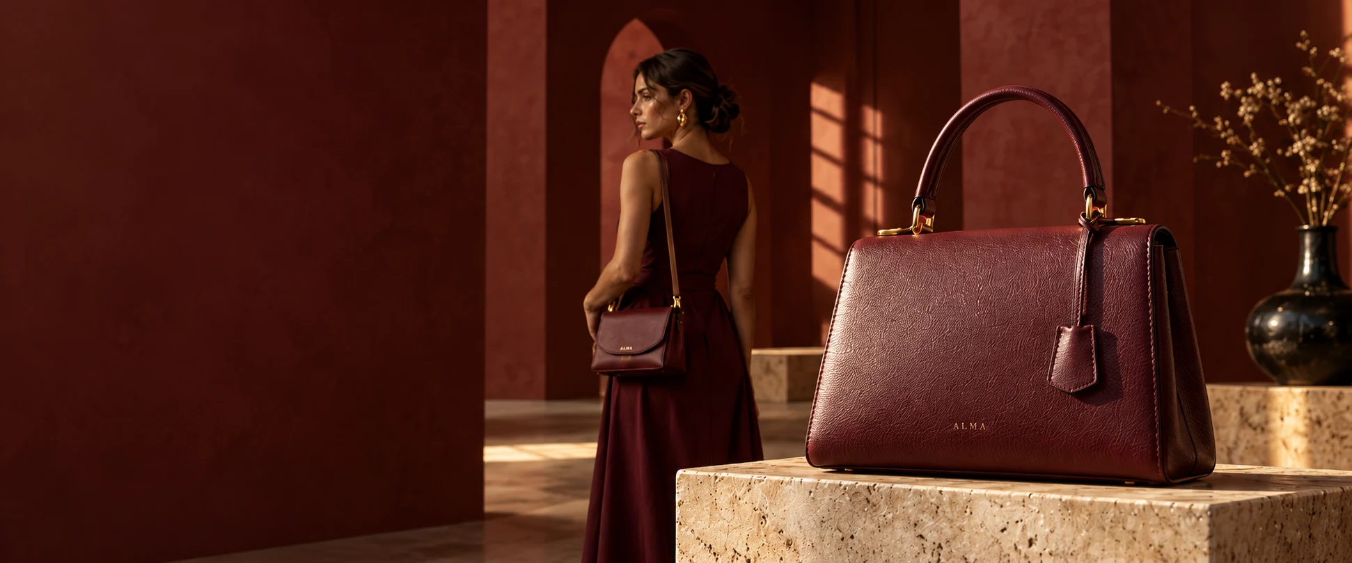Cartera Siena bordó sobre piedra, en un salón cálido con una modelo al fondo